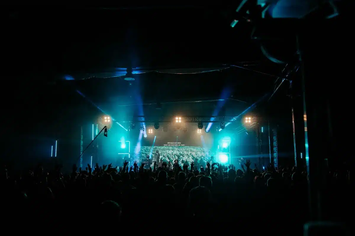 Musiciens sur scène lors d'un concert en direct, éclairage de festival, public enthousiaste
