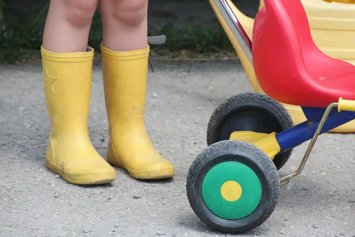 Gros plan sur bottes en caoutchouc près d'une flaque