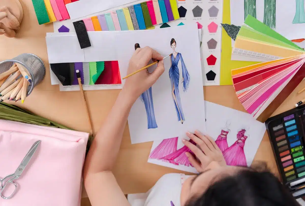 Atelier de couture et esquisses illustrant la préparation des maisons pour le tapis rouge