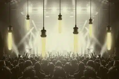 Silhouette d'un DJ derrière des platines et mains dansant sous lumières de club