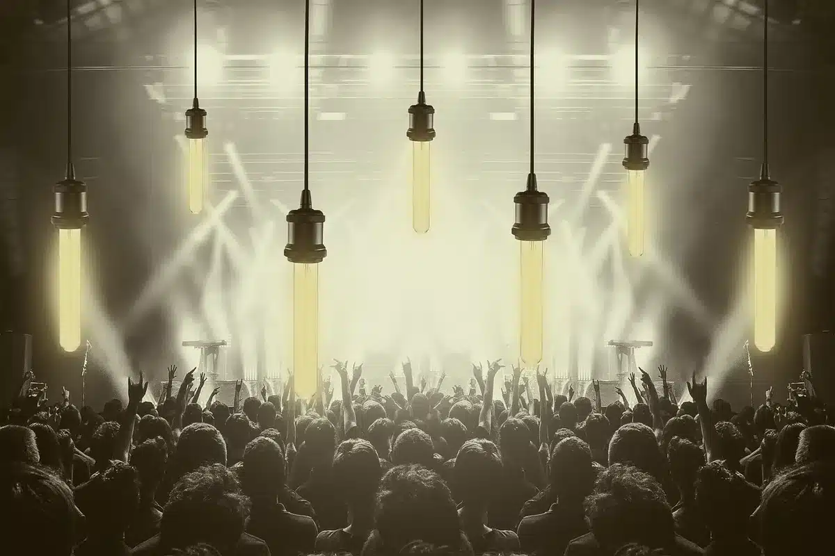 Silhouette d'un DJ derrière des platines et mains dansant sous lumières de club