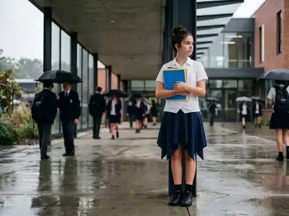 Groupe d'étudiants anonymes discutant devant un bâtiment universitaire moderne