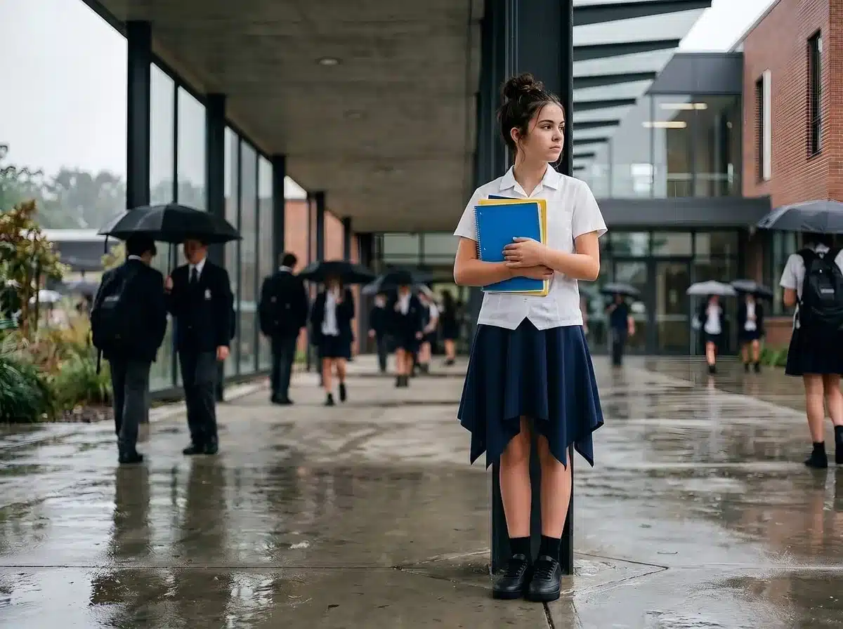 Groupe d'étudiants anonymes discutant devant un bâtiment universitaire moderne